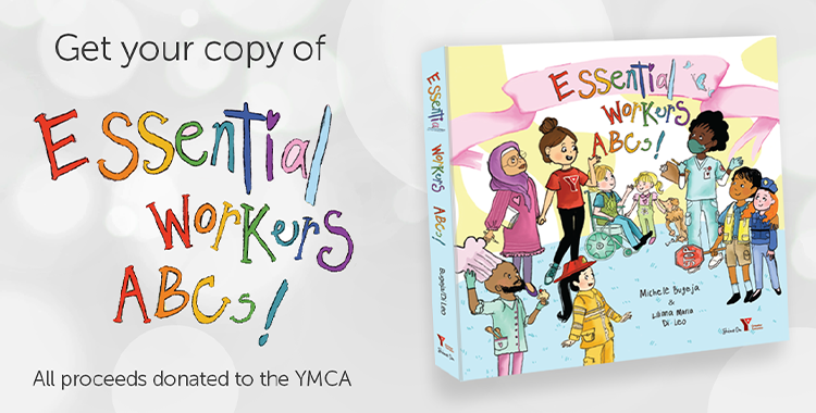 Get your copy of Essential Workers ABC! All proceeds donated to YMCA. Image: Graphic of a book cover with colourful characters on a grey background.