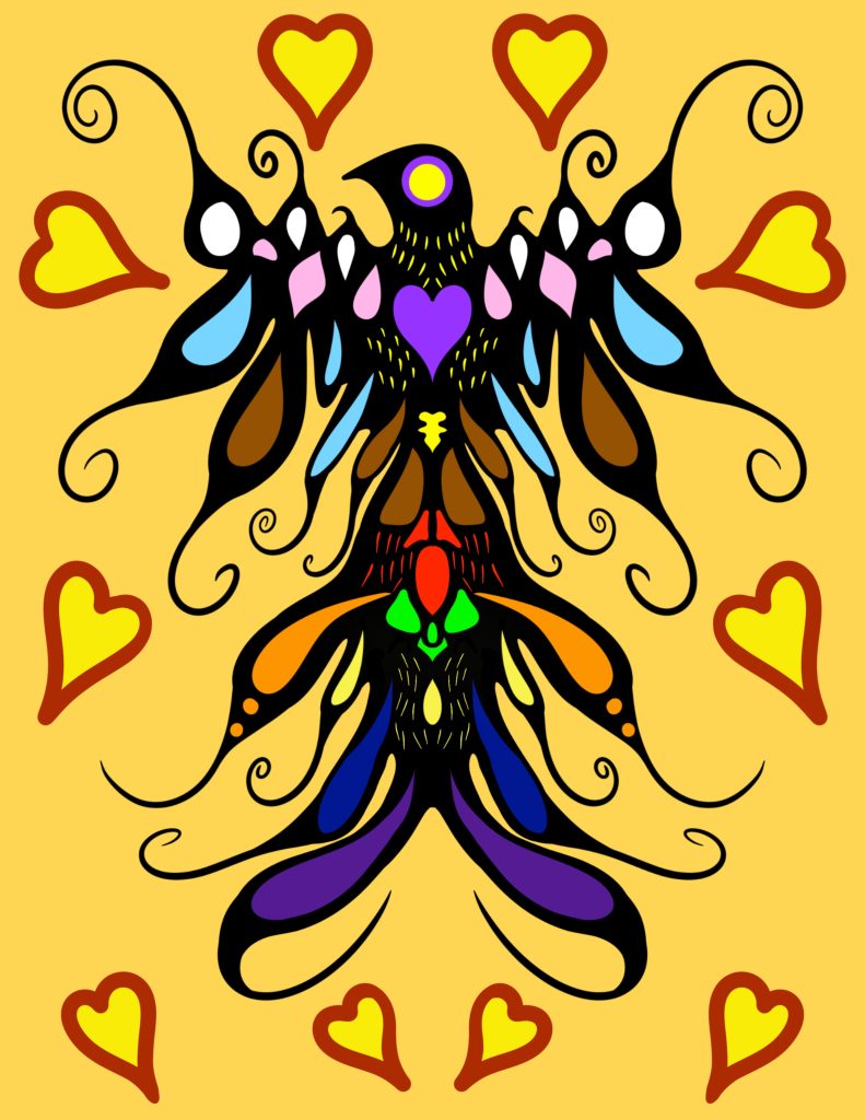 Artwork depicting a colourful thunderbird surrounded by hearts.