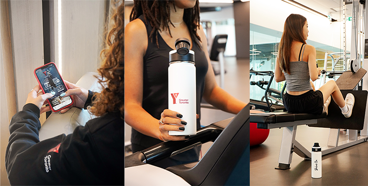 A collage of three photos. The first photo is a close-up of an individual using the YMCA's Shine On mobile app. The second photo is an individual using a treadmill at a YMCA gym and holding a YMCA water bottle. The third photo is an individual using the row machine at a YMCA gym.