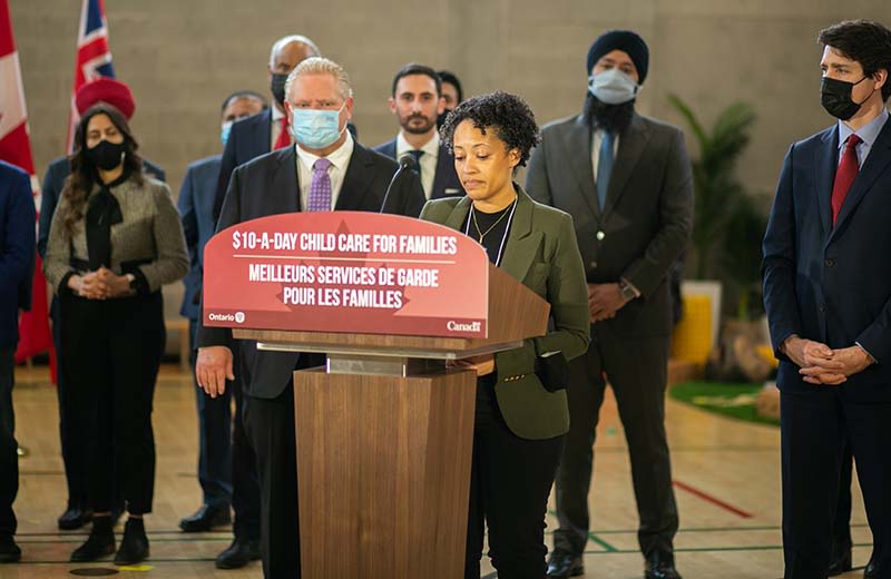 YMCA of Greater Toronto Vice Chair of the Board, Akosua Matthews, speaks at Federal-Ontario Child Care Announcement