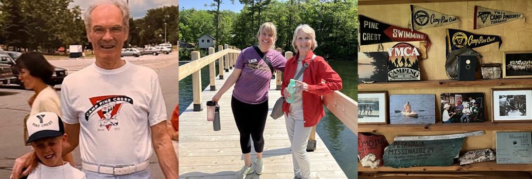 Camp Pine Crest Director Leigh King (left) and Penny Pashby standing on Sunset Bridge at Camp Pine Crest.  [Right Photo] Historic artifacts displayed at Camp Pine Crest, highlighting the camp’s long history.]