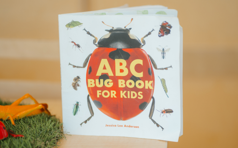 Text: ABC Bug Book for Kids. Graphic: A children's book cover featuring a large red and black ladybug surrounded by illustrations of different insects.