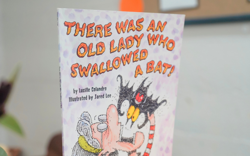 Text: There Was an Old Lady Who Swallowed a Bat! Graphic: A children's book cover featuring an illustrated old lady and a black bat with yellow eyes.