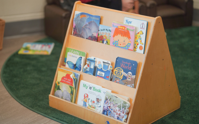 A wooden bookshelf filled with colourful children's books in a child care reading area, with a green rug and seating in the background.