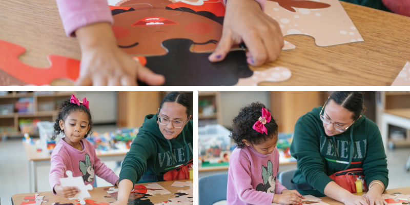 A child care educator works on a puzzle with a child as the child chooses a piece to add.