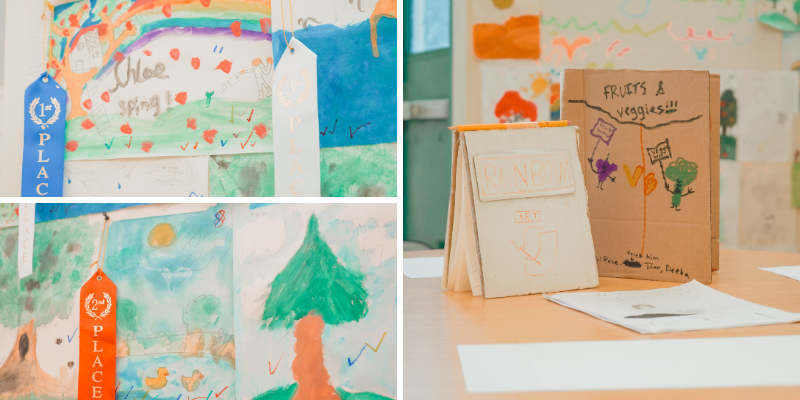 A collage shows children’s artwork and a handmade cardboard book about fruits and vegetables.