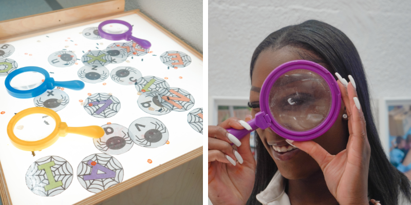 Two images show child care educator Tatiana holding a purple magnifying glass and a light table set up with letters, magnifying glasses, and spooky-themed materials.