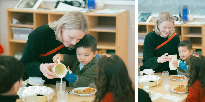Two images show a child care educator supporting a child as they pour milk during lunchtime.