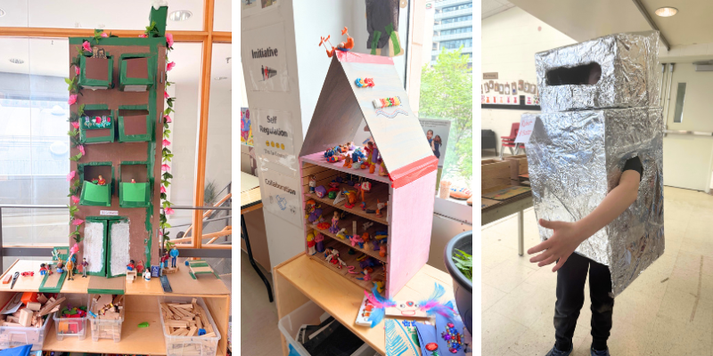 A three-image collage shows children’s cardboard creations, including a clay museum, a cardboard robot costume worn by a child, and an apartment building.