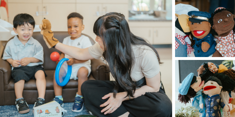 A collage shows a child care educator using puppets with two children in a toddler room, alongside puppets representing different ethnicities.