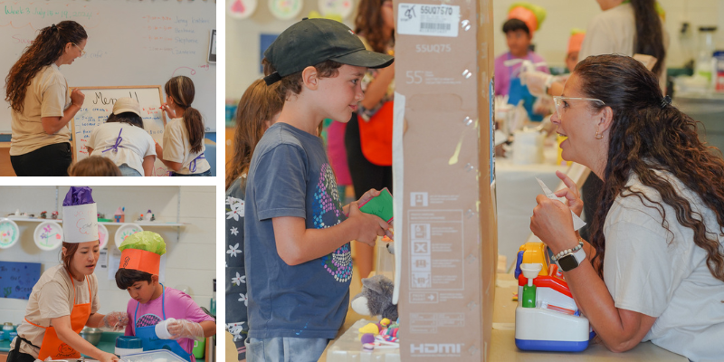 A collage shows a child care educator taking on different roles while interacting with children in a café-themed dramatic play activity in a Before & After School program.