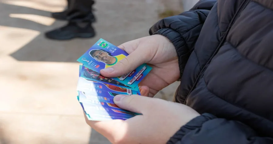 Close-up of a person’s hands holding collectible cards.