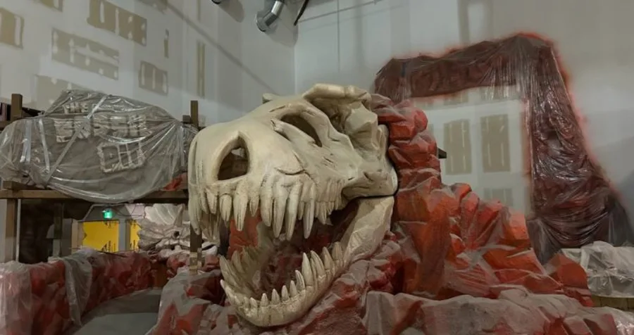 A large model dinosaur head inside the future Mississauga Y M C A space during renovations. 