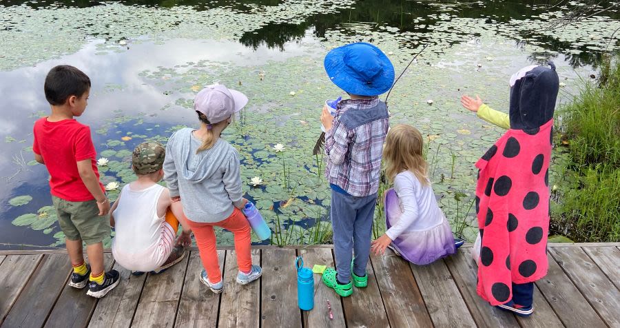 Six participants of the Y M C A Little Critters Day Camp are standing on a wooden dock by a pond filled with lily pads.