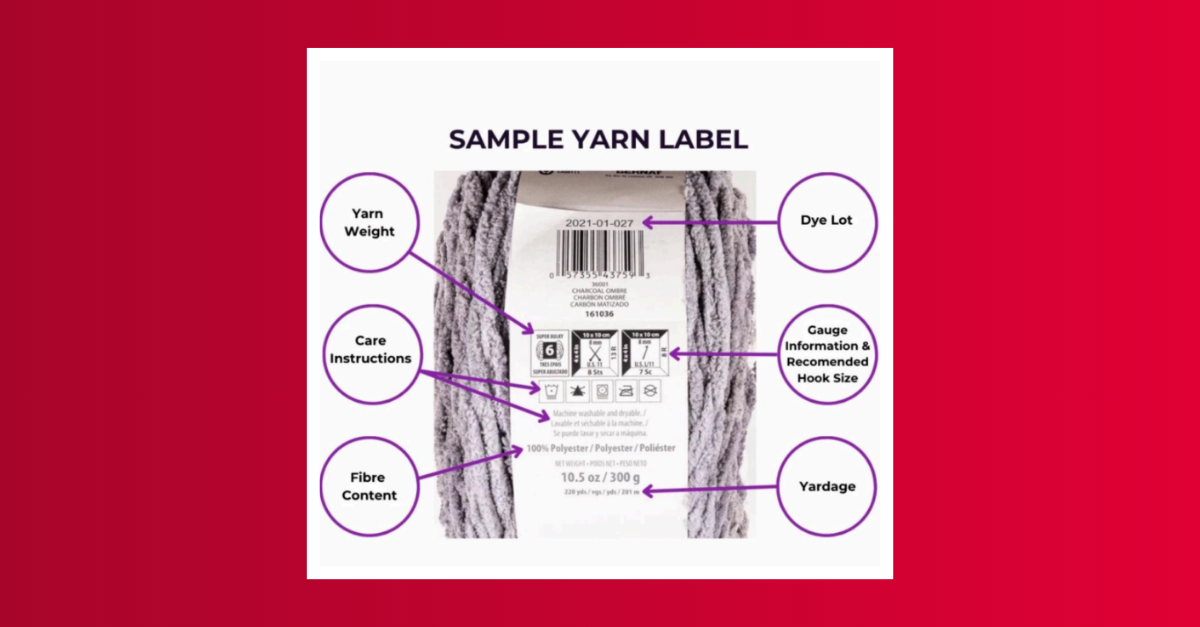 Text: SAMPLE YARN LABEL. Labels identify yarn weight, care instructions, fibre content, dye lot, gauge information and recommended hook size, and yardage. Graphic: A close-up of a yarn label on a skein with arrows pointing to each labelled section.