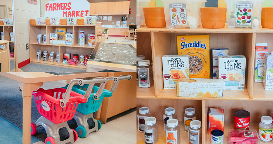 A bright and colourful programming setup inspired by a Farmer's Market in a YMCA child care classroom.