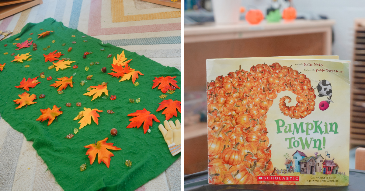 Split image showing two autumn-themed scenes. On the left, a green felt mat is decorated with artificial fall leaves, acorns, pinecones, and a small pair of garden gloves, set on a patterned rug. On the right, the children's book Pumpkin Town! by Katie McKy and illustrated by Pablo Bernasconi is displayed upright, featuring an illustration of a giant pumpkin vine curling above houses and a cow.