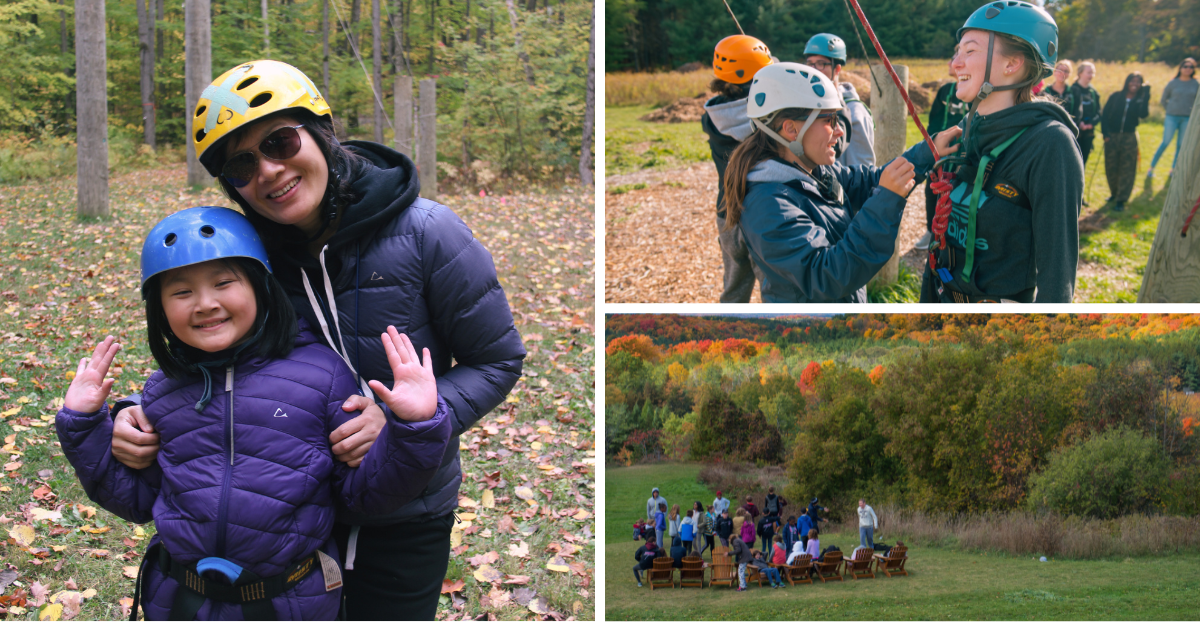 Split image from Y M C A Family Camp. On the left, a parent and child wearing helmets and harnesses prepare for an outdoor activity. On the top right, a smiling teenager has their harness adjusted by an older adult near the rock climbing area, with others gathered in the background. The bottom right shows a scenic view of Cedar Glen’s landscape with chairs arranged outdoors, where a group of people are seated, enjoying the view.