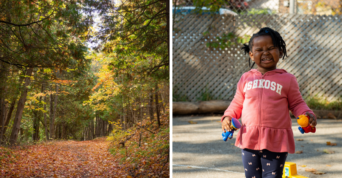 Split image showing two autumn scenes. On the left, a forest path covered in fallen leaves at Y M C A Cedar Glen Camp. On the right, a smiling child with braids, wearing a pink long-sleeve sweater and blue patterned pants, holds two toys while playing outside at a Y M C A child care centre.