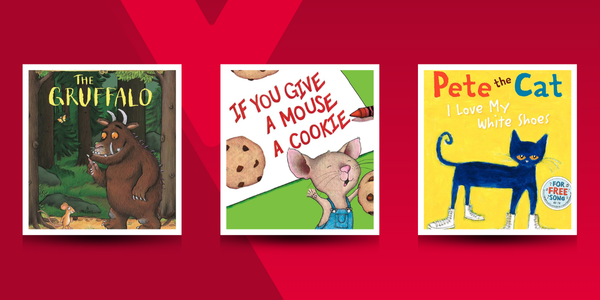 Three children’s book covers on a red background. From left to right: The Gruffalo by Julia Donaldson, showing the illustrated Gruffalo character in the forest; If You Give a Mouse a Cookie by Laura Numeroff, featuring a happy mouse reaching for a cookie; and Pete the Cat: I Love My White Shoes by James Dean , showing the illustrated character Pete walking confidently in white shoes. 
