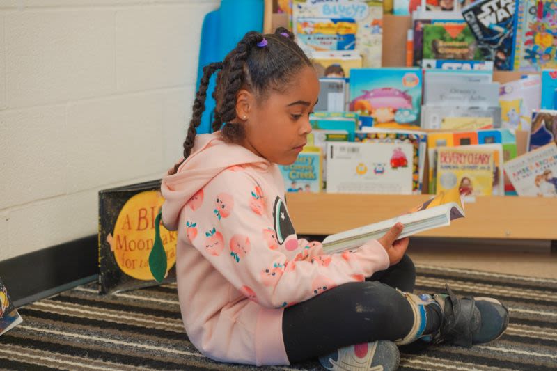 A child with pigtails, wearing a pink sweater, sits cross-legged on a carpet in front of a bookshelf filled with children's picture books, reading intently.