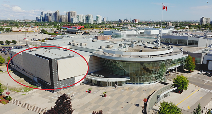 A red circle is drawn on an aerial photo of the Square One Shopping Centre to show the future home of the Mississauga YMCA in the mall.