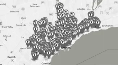 All YMCA of Greater Toronto locations pinned on a map.