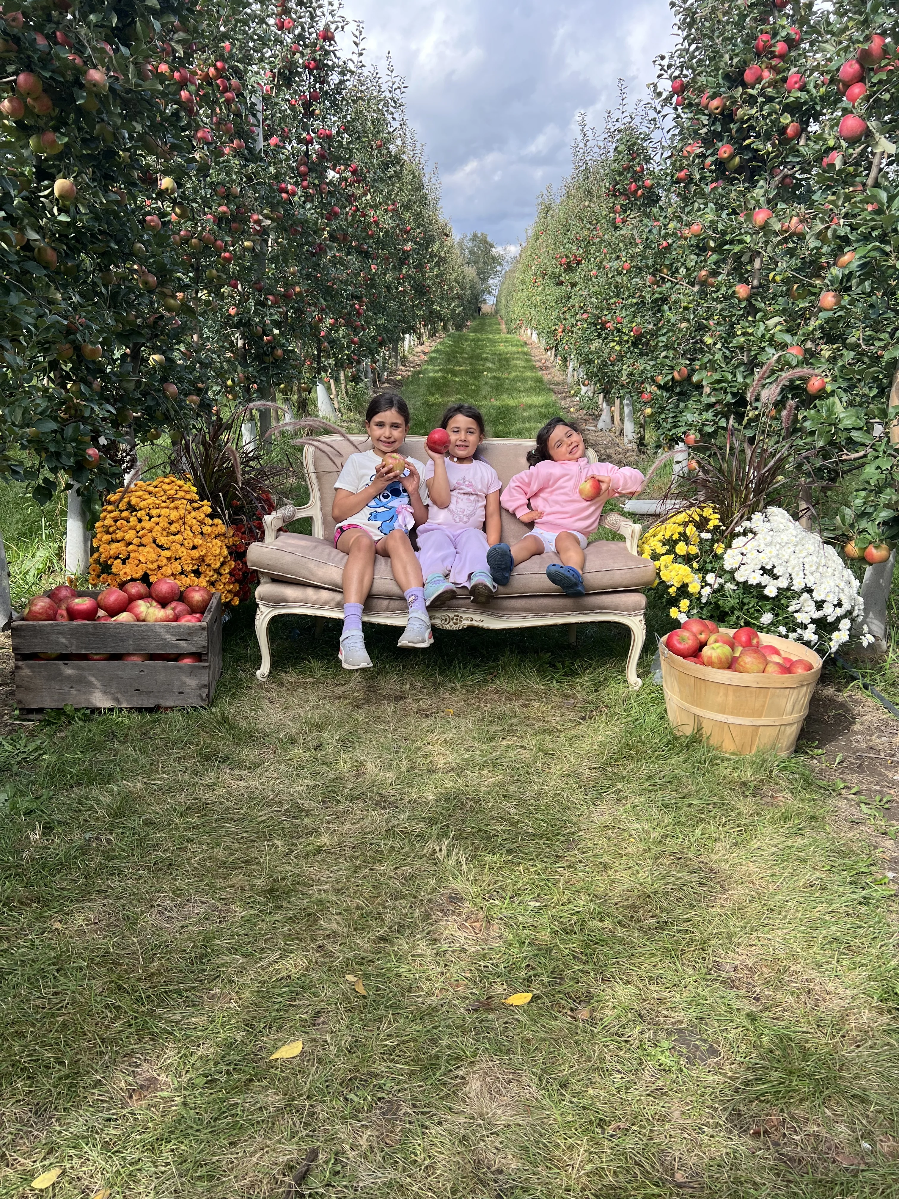 Three children sit on a couch inside an apple orchard.