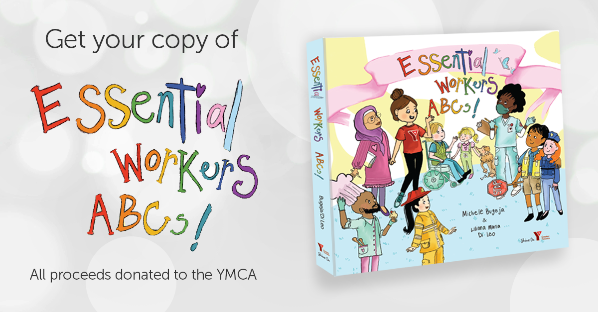 Text: Get your copy of Essential Workers ABC! All proceeds donated to YMCA. Image: Graphic of a book with colored characters on a grey background