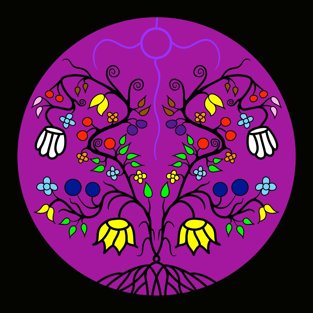 Artwork depicting a tree with two parallel branches of colourful flowers.
