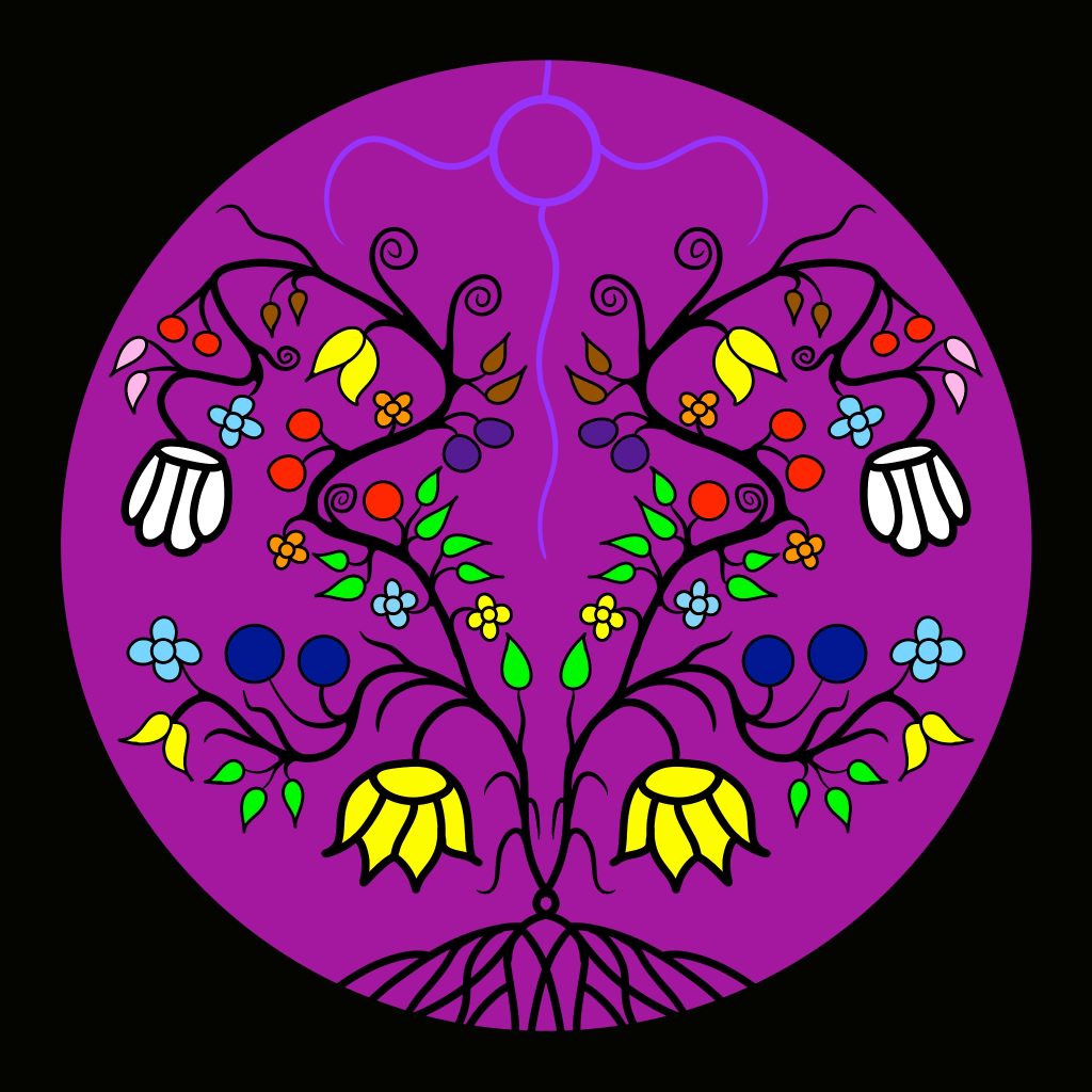 Artwork depicting a tree with two parallel branches of colourful flowers.