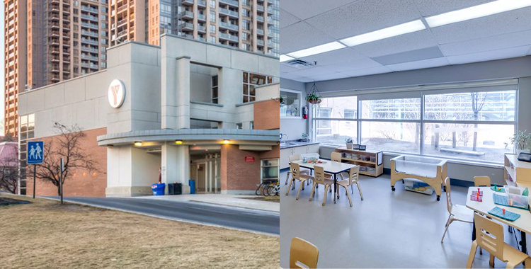 An exterior and interior view of the Mississauga YMCA located on Burnhamthorpe road in Ontario, Canada.