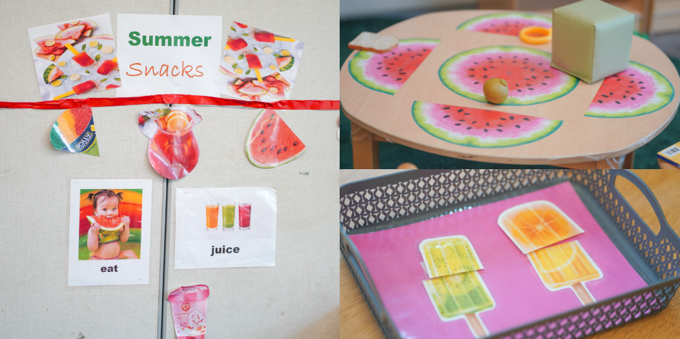 A summer snacks programming setup at Brampton YMCA Child Care centre on the wall and on the tables with images of watermelon, popsicles, children eating fruit, fruit juices and shaved ice.
