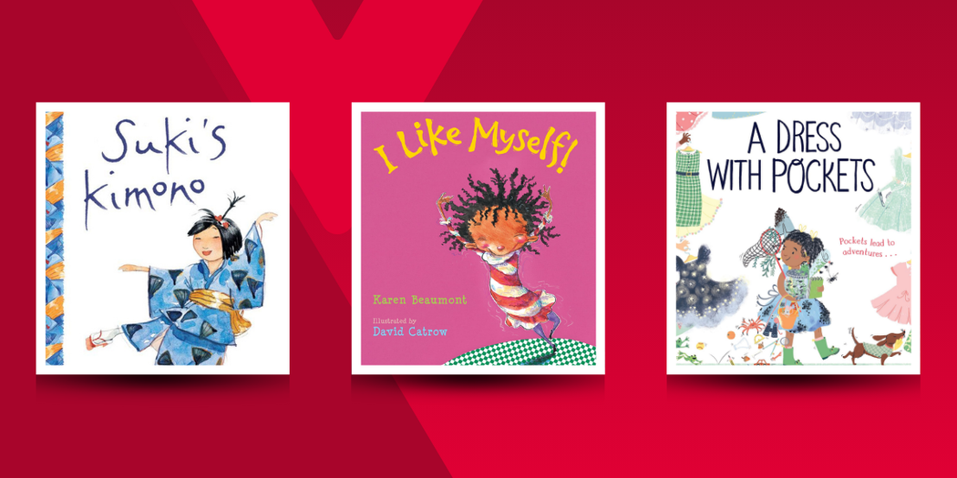 Three children’s book covers on a red background. From left to right: Suki’s Kimono by Chieri Uegaki, featuring an illustration of a girl dancing in a blue kimono; I Like Myself! by Karen Beaumont, featuring an illustration of a joyful child with textured hair; and A Dress With Pockets by Lily Murray, featuring an illustrated girl in a colourful dress.