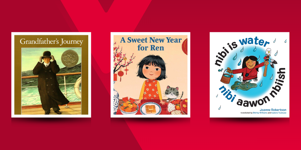 Three children’s book covers on a red background. From left to right: Grandfather’s Journey by Allen Say, showing an illustration of a man in a long coat on a ship deck; A Sweet New Year for Ren by Michelle Sterling, featuring an illustrated girl at a Lunar New Year table; and Nibi Is Water by Joanne Robertson, showing a child joyfully holding water in an Indigenous-themed illustration.