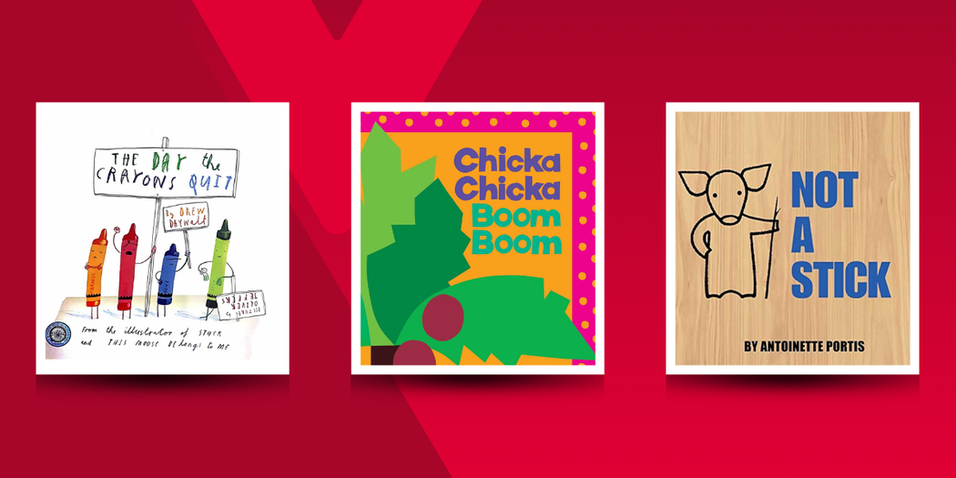Three children’s book covers on a red background. From left to right: The Day the Crayons Quit by Drew Daywalt, showing illustrated crayons holding handwritten notes; Chicka Chicka Boom Boom by Bill Martin Jr. and John Archambault, featuring an illustration of colourful letters climbing a coconut tree; and Not a Stick by Antoinette Portis, featuring a line drawing of a child holding a stick.