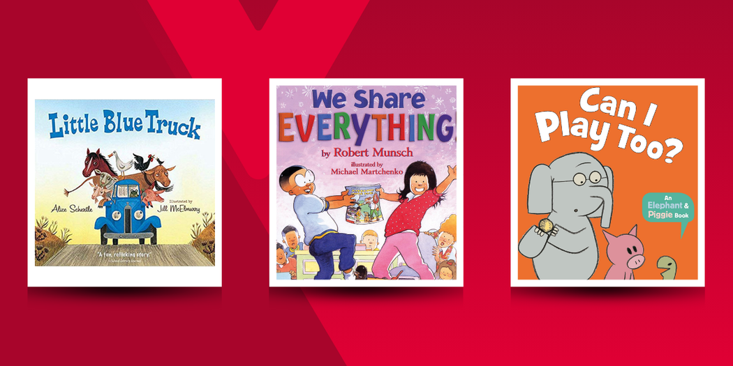 Three children’s book covers on a red background. From left to right: Little Blue Truck by Alice Schertle, showing an illustrated blue truck with farm animals; We Share Everything! by Robert Munsch, featuring an illustration of two excited children holding classroom items; and Can I Play Too? by Mo Willems, showing illustrated characters Elephant and Piggie beside a smiling snake.